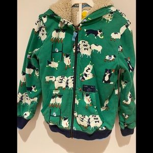 Boden, fuzzy lined hoodie, football sheep, green